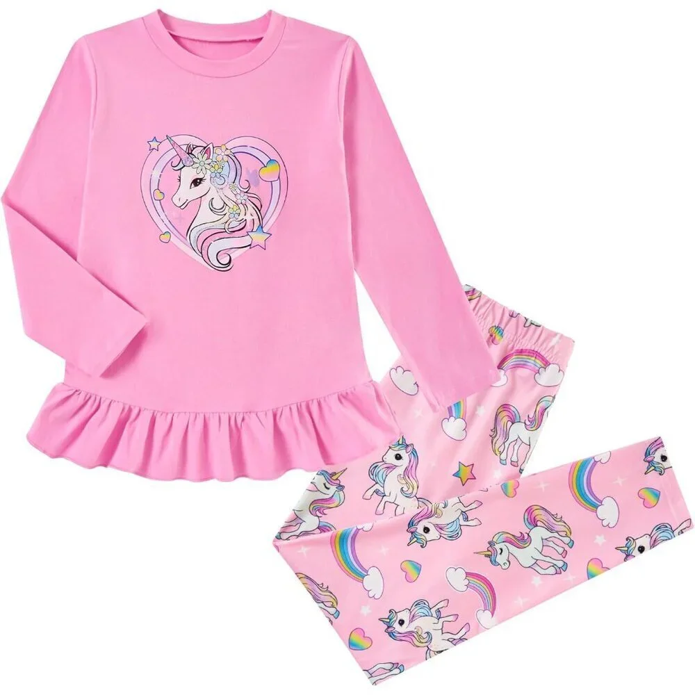 Girls Outfit Size 3-7 Fall 2 Pcs Clothes Sets Long Sleeve Ruffle Hem Shirt Flora